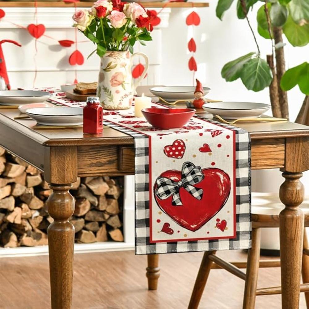 Buffalo Plaid Red Heart Valentine's Day Placemats Table Runner Seasonal Bow Tie Table Mats for Party Kitchen Dining Decoration
