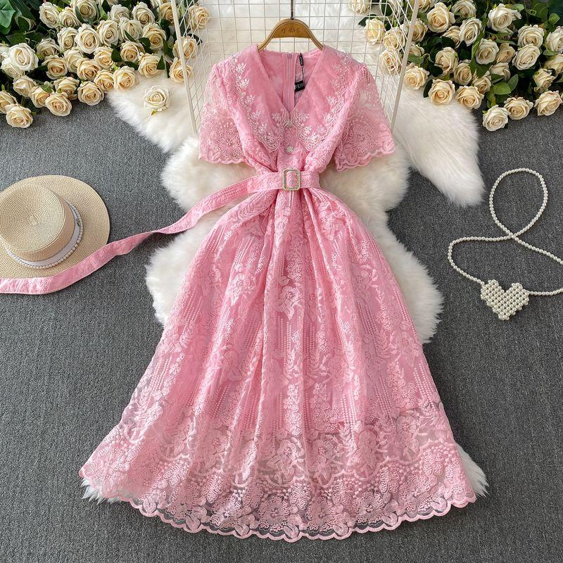High End Socialite Heavy Industry Lace V-neck Short Sleeve Formal Dress Dress Women Summer Lace-up Waist Hugging Slimming Princess Long Dress
