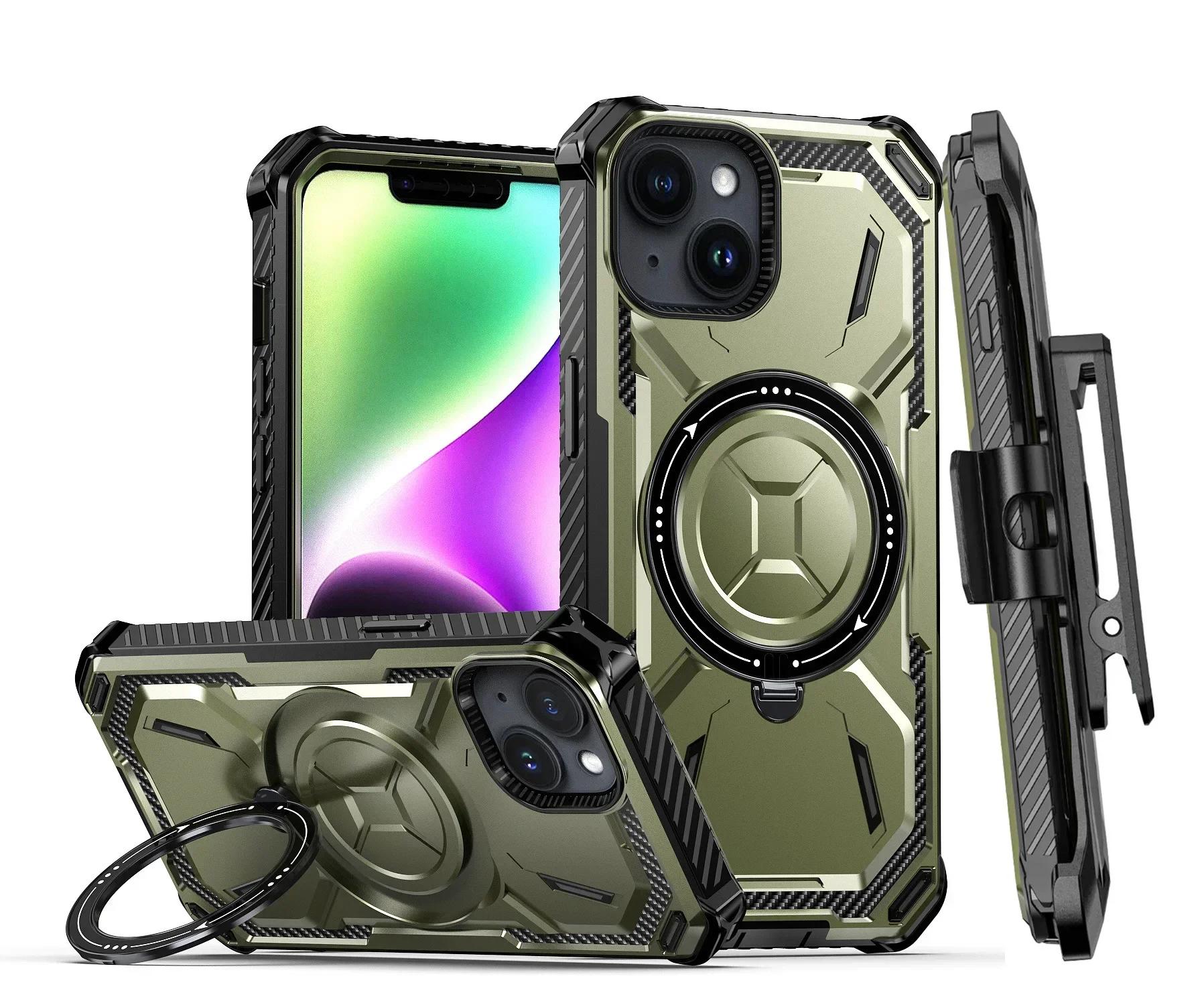 

Для iPhone 16 15 14 Plus 13 12 11 Pro Max Armor Rugged For MagSafe Магнитный чехол для телефона с держателем кольца и зажимом для ремня iPhone 16 Pro Max