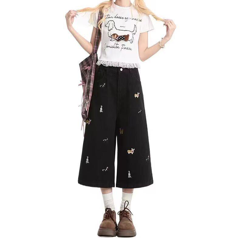 Women's Slimming Plus Size Embroidered Denim Capri Pants - Summer 2025 Wide-Leg Design for Pear-Shaped Body