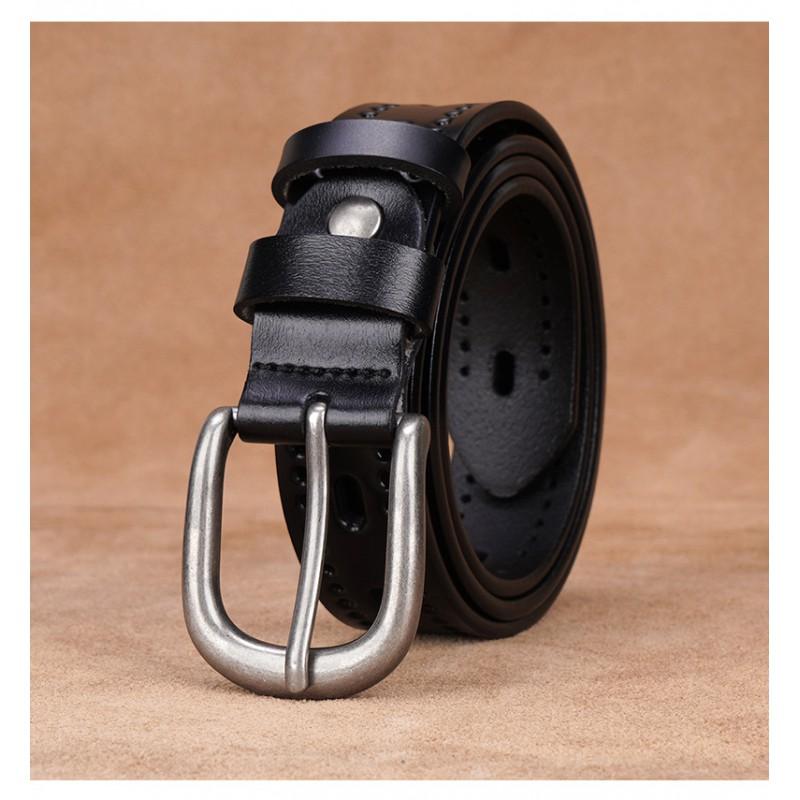 Womens Genuine Leather Belt With Hollow Design Pin Buckle Slim Width Jeans Dress Pants Black Coffee White