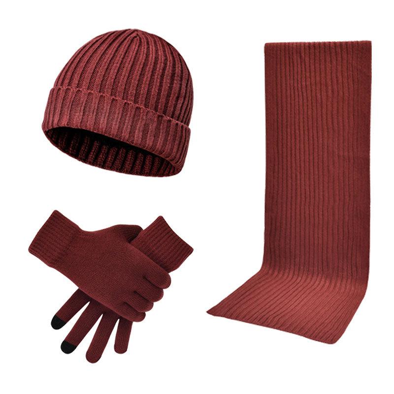 

Autumn and winter, men s and women s knitted thickened warm, wool hat, scarf and gloves three-piece set