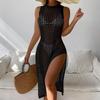 Sexy White Sleeveless Stacked Knitted Hollow High Slit Vest Dress Beach Sun Protection Bikini Cover-up Women