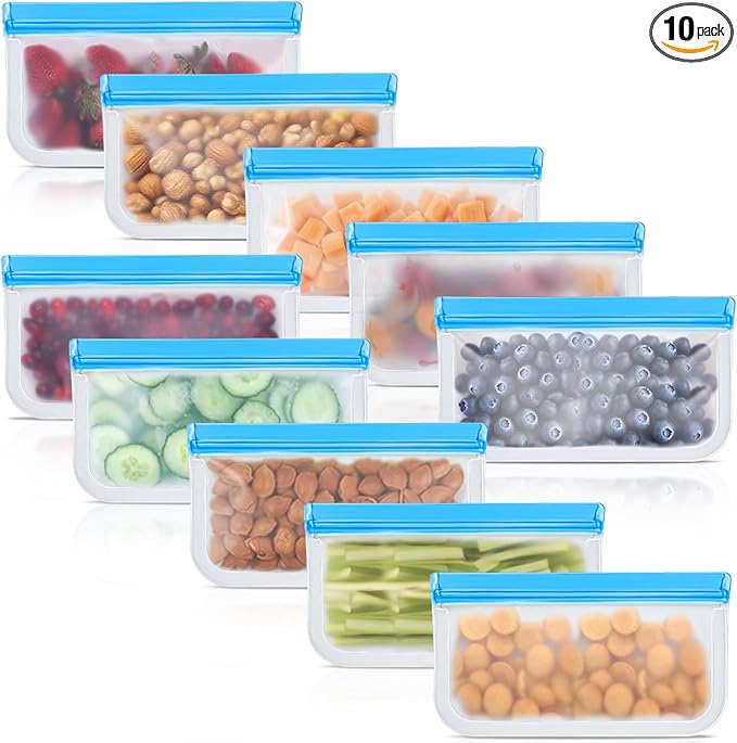 

Silicone food storage bags, leak-proof, reusable, dishwasher safe, 10-pack