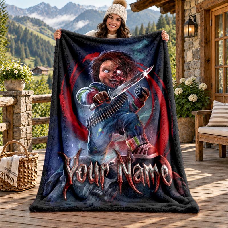 Chucky with Tiffany Custom Name Flannel Blanket Personalized Soft Warm Plush Throw Blanket Customized Gift for Family Friends
