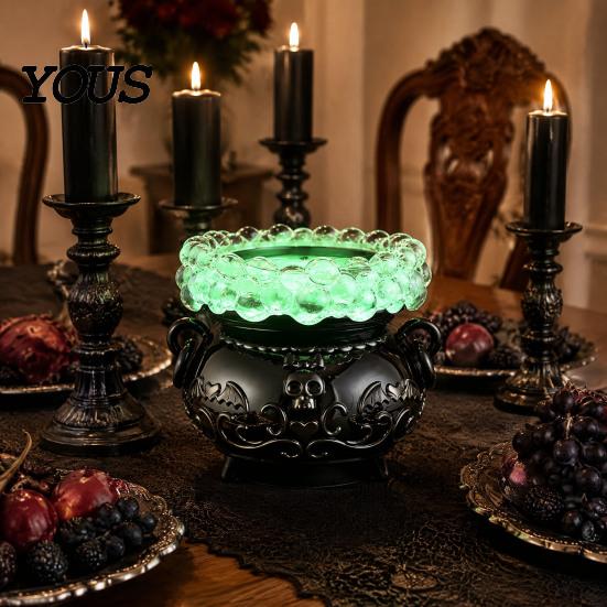 Haunted House Props Halloween Cauldron LED Bubble Light Decor, Color Changing Witch Potion Lamp with Mysterious Purple Lights Light, Spooky
