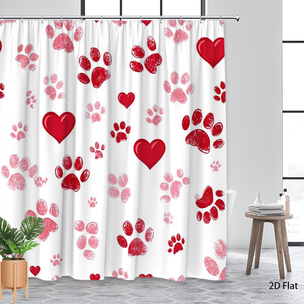 Paw Print Heart Shower Curtain 1Pc – Red & Pink Dog Paws With Love Symbols, Cute Pet Lover Art For Romantic Bathroom Decor