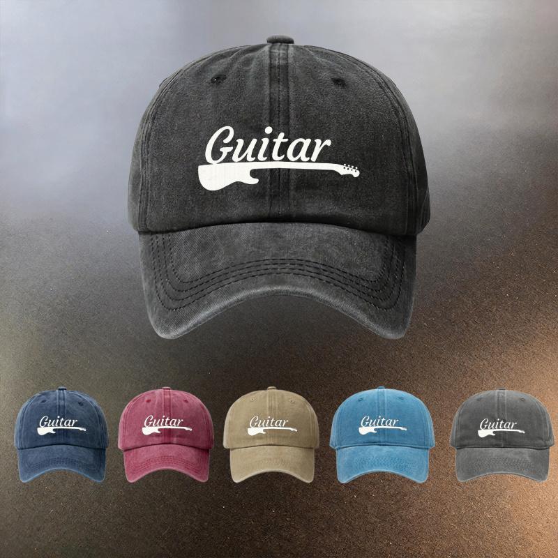 A Washed Cap Featuring a Guitar Pattern Perfect for Daily Outings And Is a MustHave for Fashionable Couples This Retro Rock