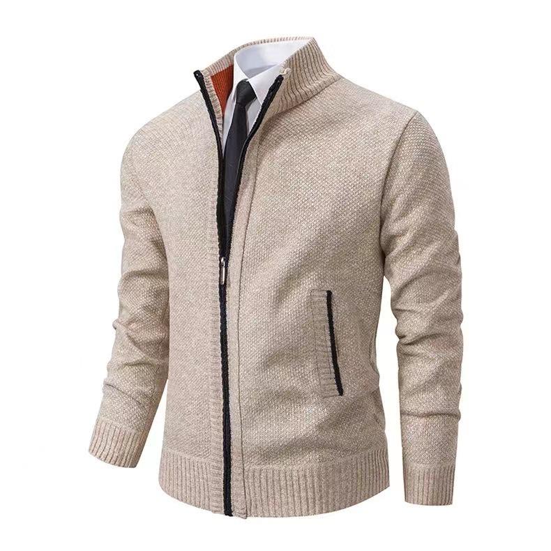 Men's Fleece-Lined Cardigan: Thick Knit Zipper Sweater with Stand-Up Collar for Autumn/Winter 2023