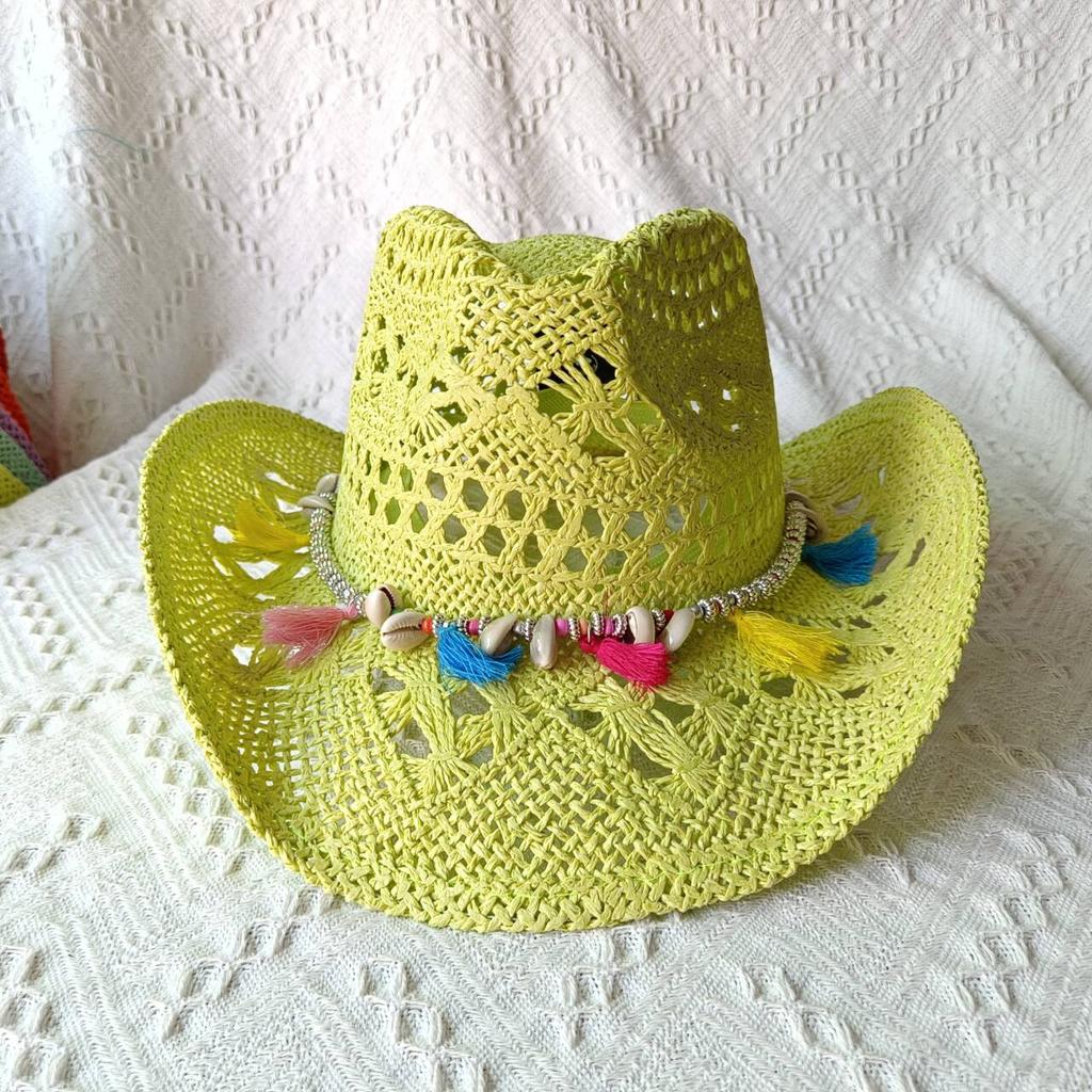 Cappelli Gialli Estivi da Uomo Stile Western Intrecciati a Mano in Paglia Cappello Jazz da Sole da Spiaggia Cappellino da Cowgirl Donna Rosa Shocking Monocolore Sombrero Uomo