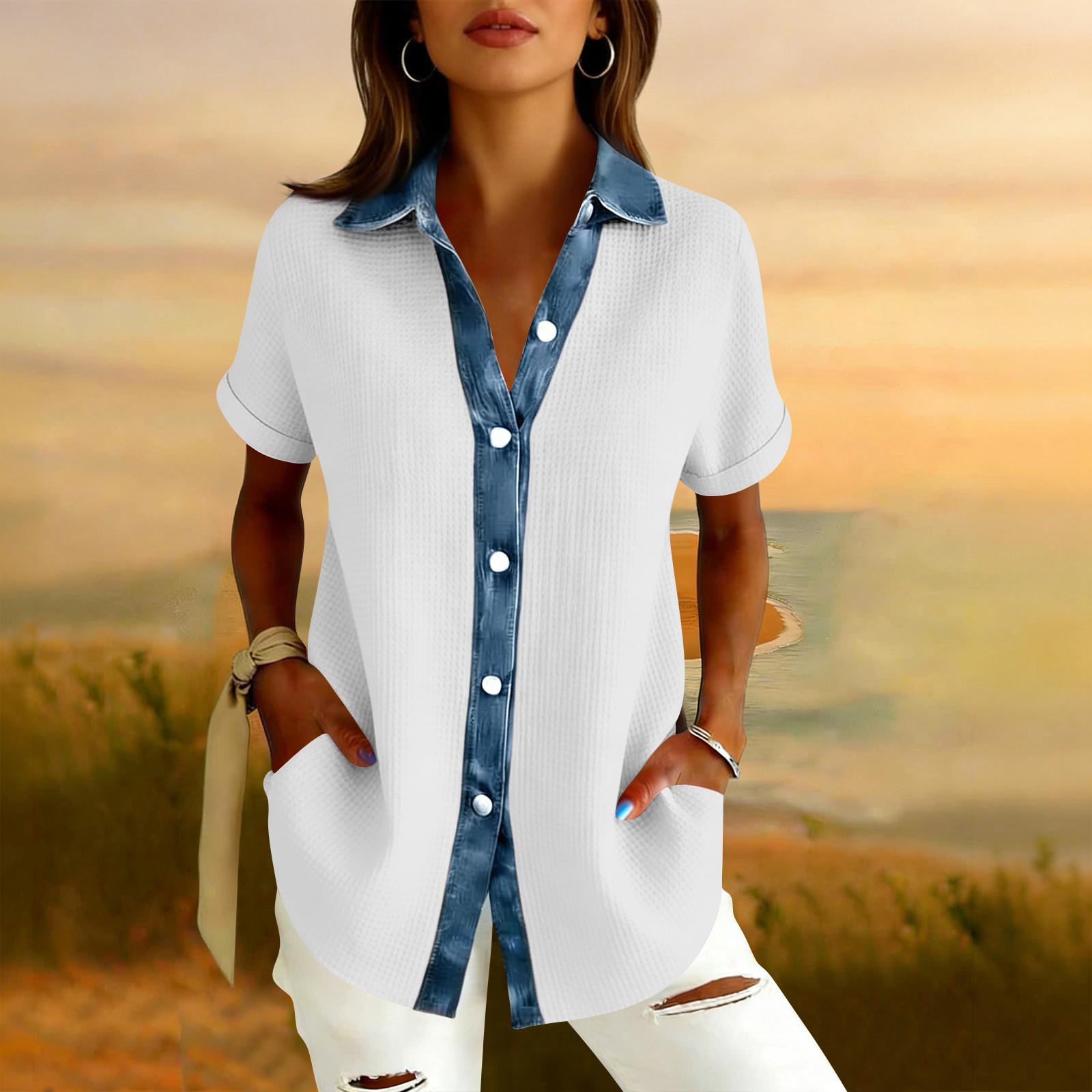 

Womens Fashion Color Lapel Short Sleeved Denim Patchwork Button Up Shirt Loose Top XL білий