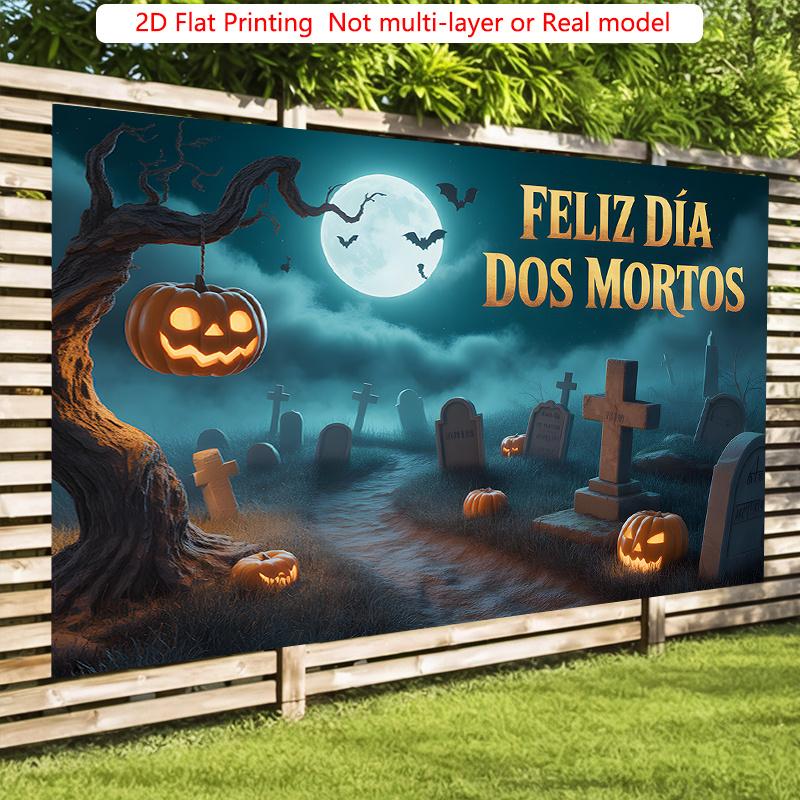 Party Backdrop Halloween Flat Graveyard Scary Pumpkin Lanterns Tombstones Event Photo Background Outdoor Party Decor