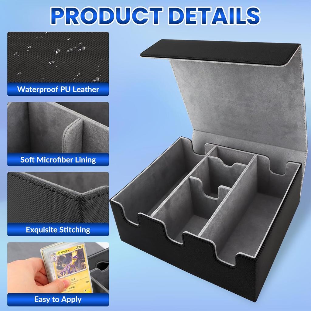 Card Storage Box for Trading Cards, Holds 5 MTG Deck Card Boxes or 2200+ Cards, Leather Magnetic Closure TCG Storage Box for MTG, YuGiOh, Sports