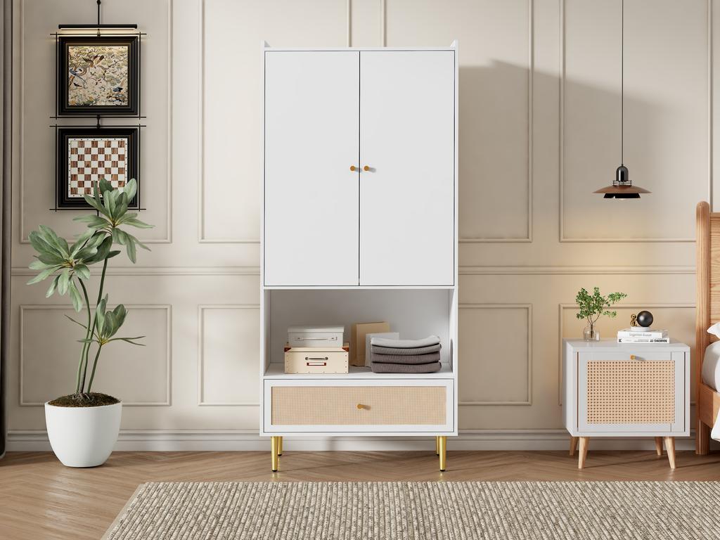 Wardrobe with 2 Doors, Large Rattan Drawer and Clothes Rail. With Metal Legs and Handles – Perfect for Bedroom and Living Room. White, 80x48x175 Cm
