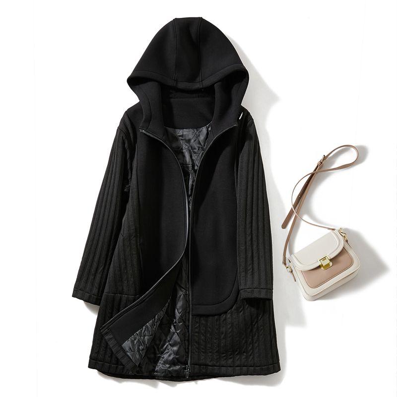 

Women Sunken Stripe Composite Cotton Long Thickened Cotton-padded jacket Penny-Level Sense Hood Bright Line Clip Cotton Lining Coat Winter Black 3XL