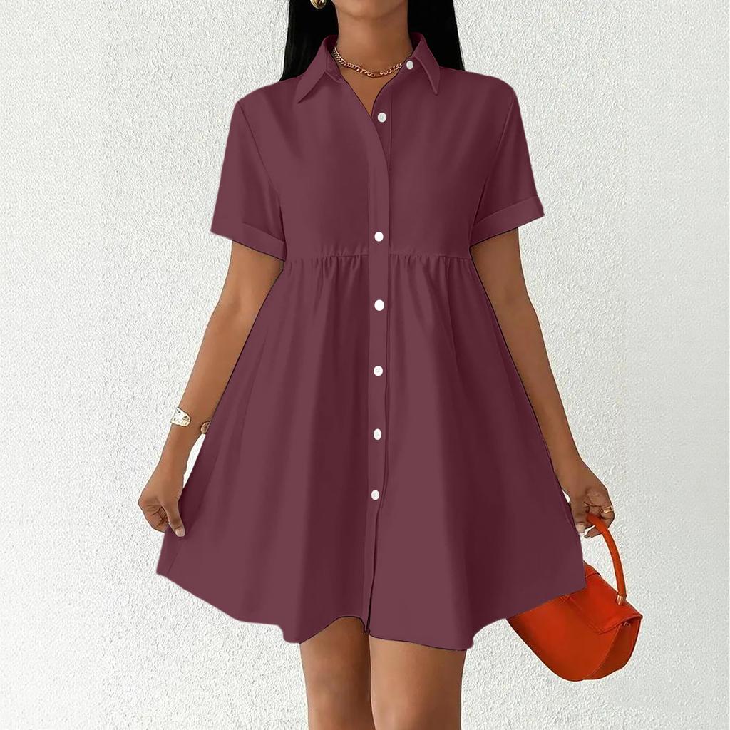 Women Short Sleeve Shirt Dress Button Down Collared Loose Fit Casual Mini Dress with Pockets Summer Style