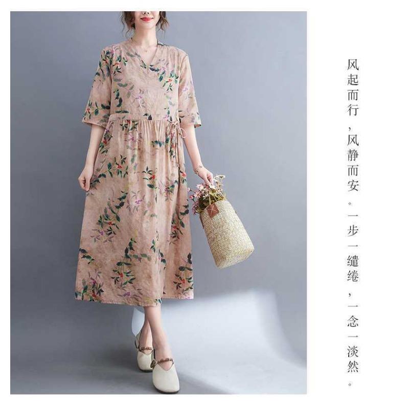 Plus Size V-ringad Långklänning Etniskt Tryckta Delade Ärmar Lös Midja Knytdetalj Klänningar