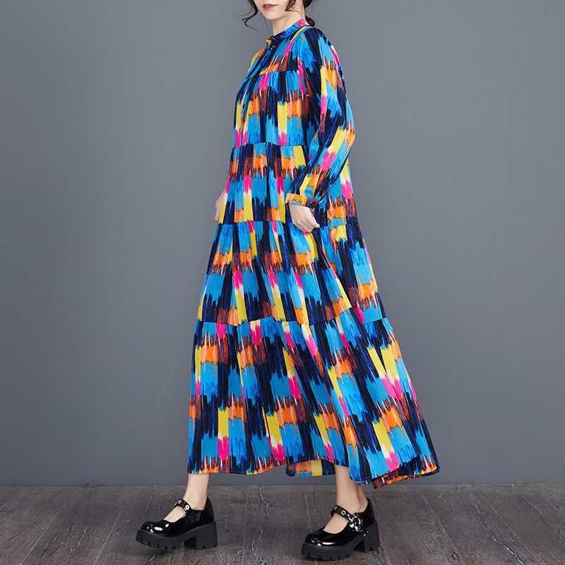 Spring and Summer New Loose Large Size Fashion Print Splicing Long Sleeve Cake Dress Dress