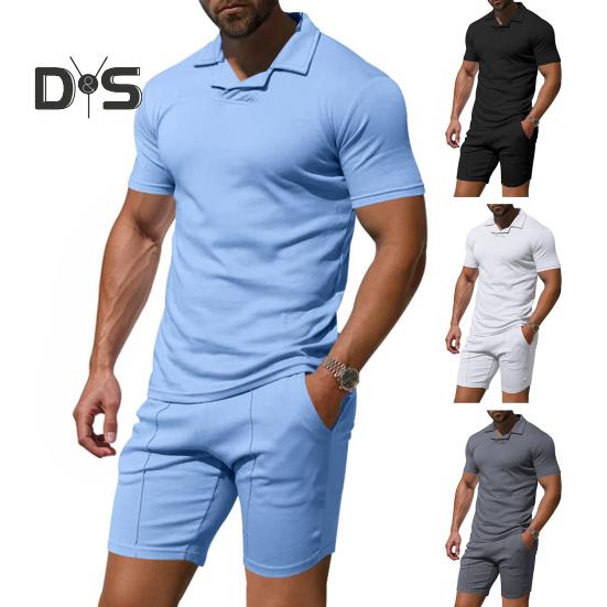 2 Teile/satz Männer Outfit Revers Kurzarm Pullover Tops Elastische Kordelzug Taille Taschen Shorts Set Einfarbig Sportswear