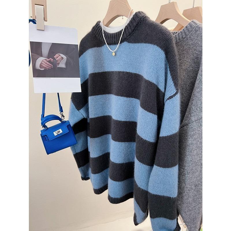 

Синий полосатый пуловер из флиса енота, мягкий клейкий свитер, женский весенне-осенний новый внутренний свободный базовый вязаный свитер one size fits all синий