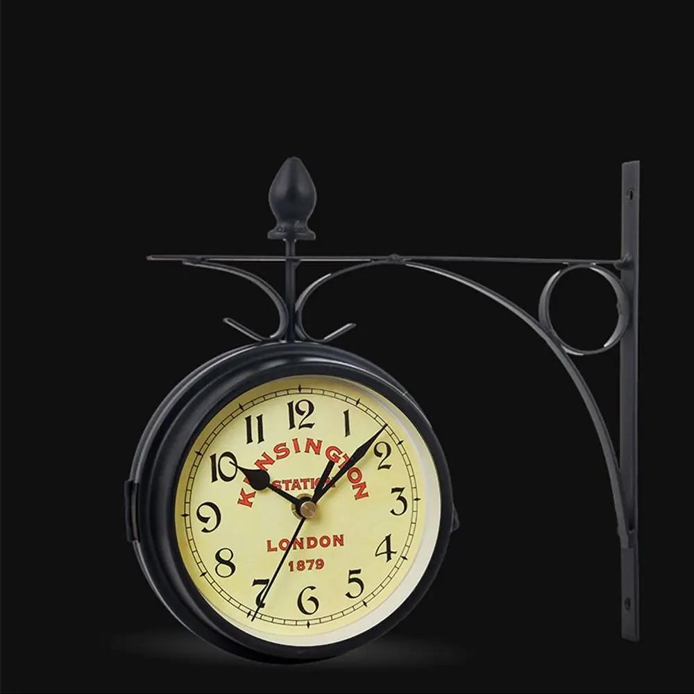 High Quality Retro Wall Clock Double Sided Durable Metal Clock Home Decor Bracket Train Station