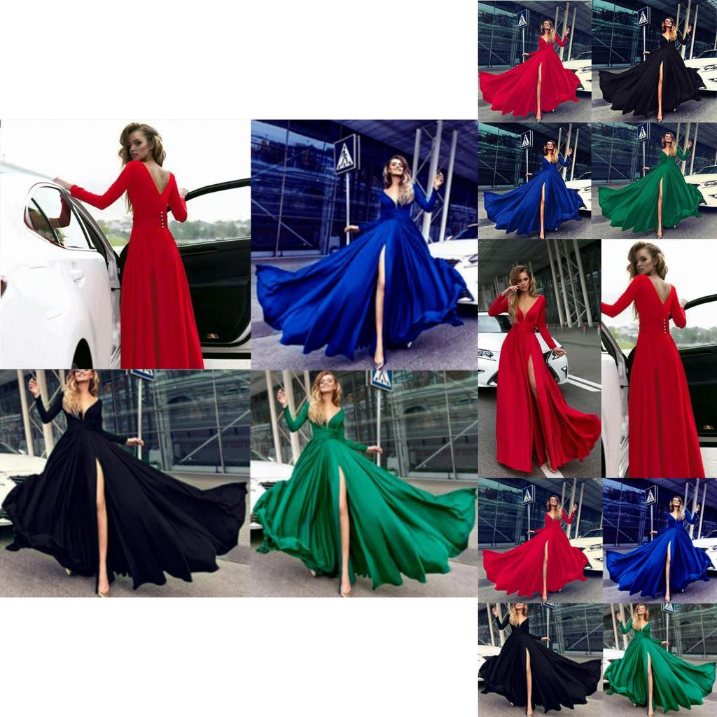 Damen Tiefer V-Ausschnitt Langarm Schlitz Ballkleid Kleid Elegant Brautjungfer Abend Maxi Kleid