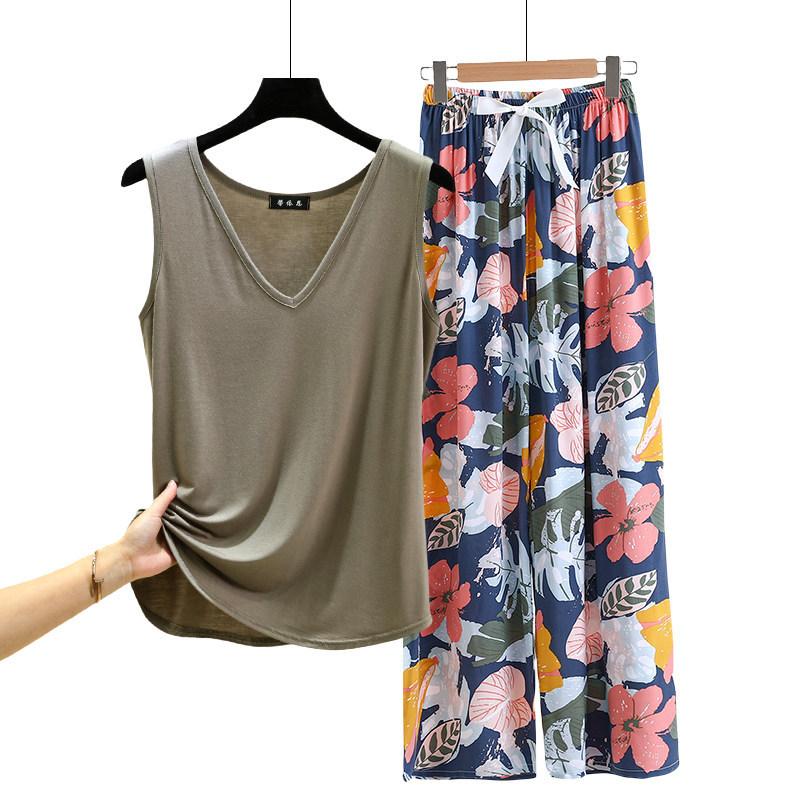 Lockere Modal-Pyjama-Sets Sommer V-Ausschnitt Tanktop und Florale Weite Hosen Lässiger Hausanzug ärmellos Loungewear Übergröße