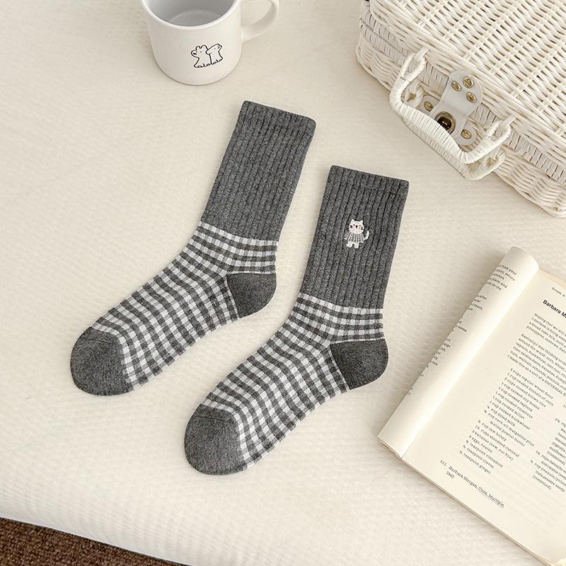 Koťátko Výšivka Kreslený Kostkovaný Středně dlouhé Dámské Ponožky - Preppy Styl Japonské Kostkované Pruhy pro Podzim/Zimu