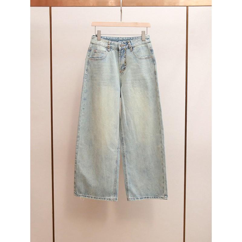 Jeans Dritti da Donna a Vita Alta in Denim con Decorazioni di Strass Misto Cotone Stile Chic da Ufficio