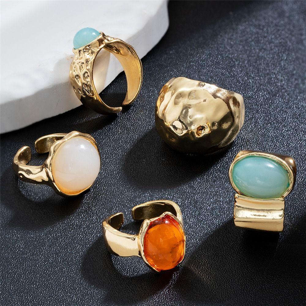 5Pcs Gold Tone Vintage Ring Set Aesthetic Alloy Fashion Jewelry Gift Boho Open Rings  for Women