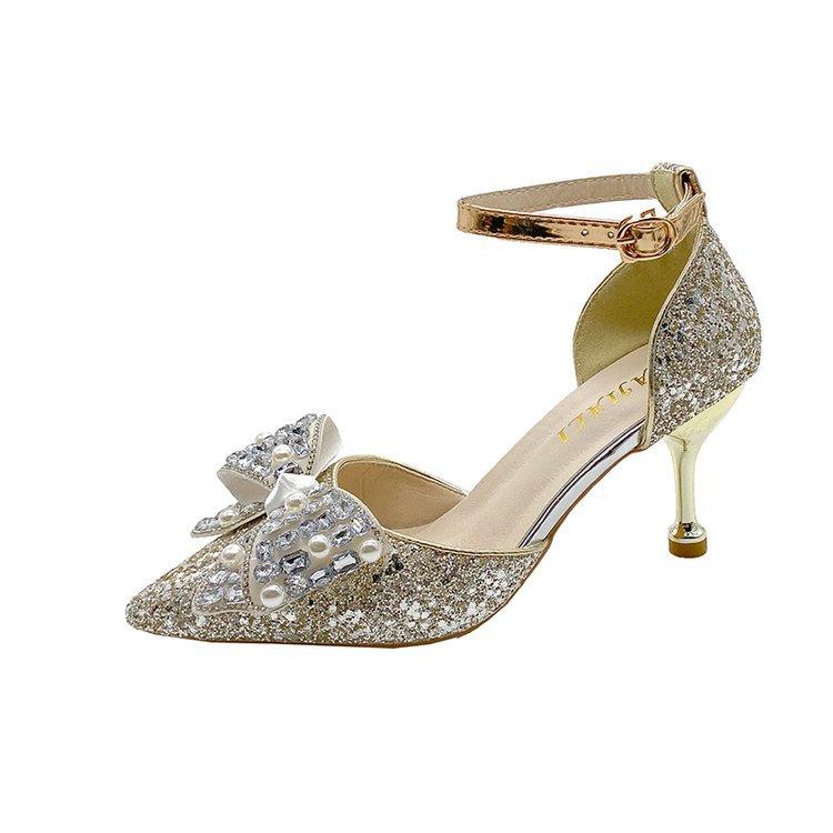 Fashion 2025 Spring Summer New Sequins Pointed Toe Pumps for Women Fashion Rhinestone Bow High Heels Bride 5cm 7cm Thin Heeled Shoes