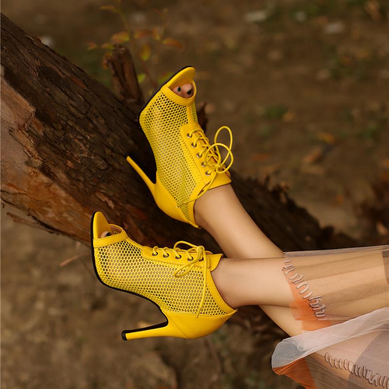 FOREADA Women Hollow Mesh High Heels Sandals Peep Toe Stilettos Lace-up Sexy Jazz Dance Boots Ladies Fashion Shoes Summer 46