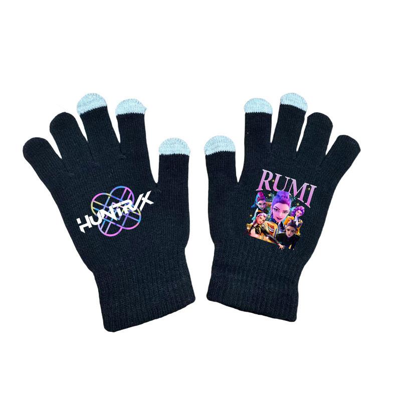 Kids Boys Girls Kpop Hunters Derpy Rumi Zoey Mira Printed Velvet Autumn Winter Warm Knitted Gloves