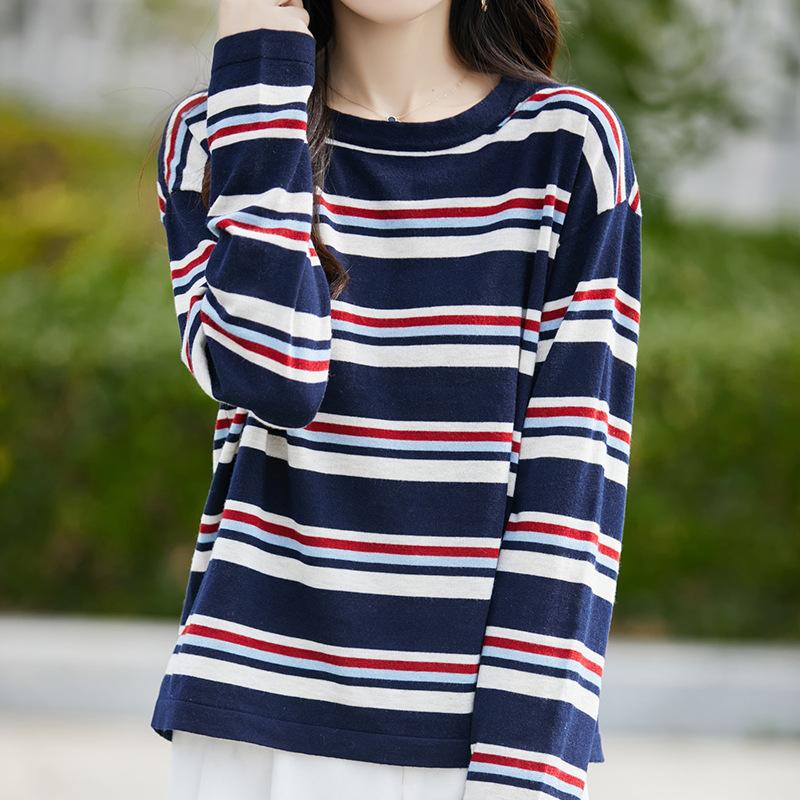 Autumn New Crew Neck Knitted Sweater Long Sleeve Women'S Navy Blue Color Matching Striped Loose Pullover Wool Bottoming Shirt