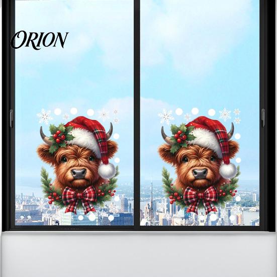 Easy Remove Wall Decals for Home Christmas Window Clings, Cute Highland Cow Sticker with Santa Hat, Winter Moisture Proof Decor Kitchen Double-Side