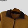 INCERUN Autumn Men Zip-up Lapel Long Sleeve Stitching Rib Knitted Pullovers Tops