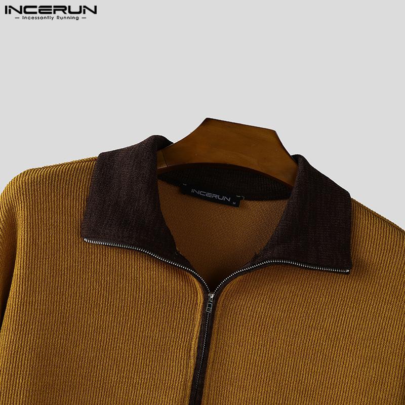 INCERUN Autumn Men Zip-up Lapel Long Sleeve Stitching Rib Knitted Pullovers Tops