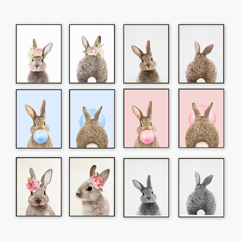 Rabbit Bubble Gum Art Poster Prints Blue Pink Nursery Wall Art Canvas Paintings Wall Picture Baby Animals Bunny Nursery Decor