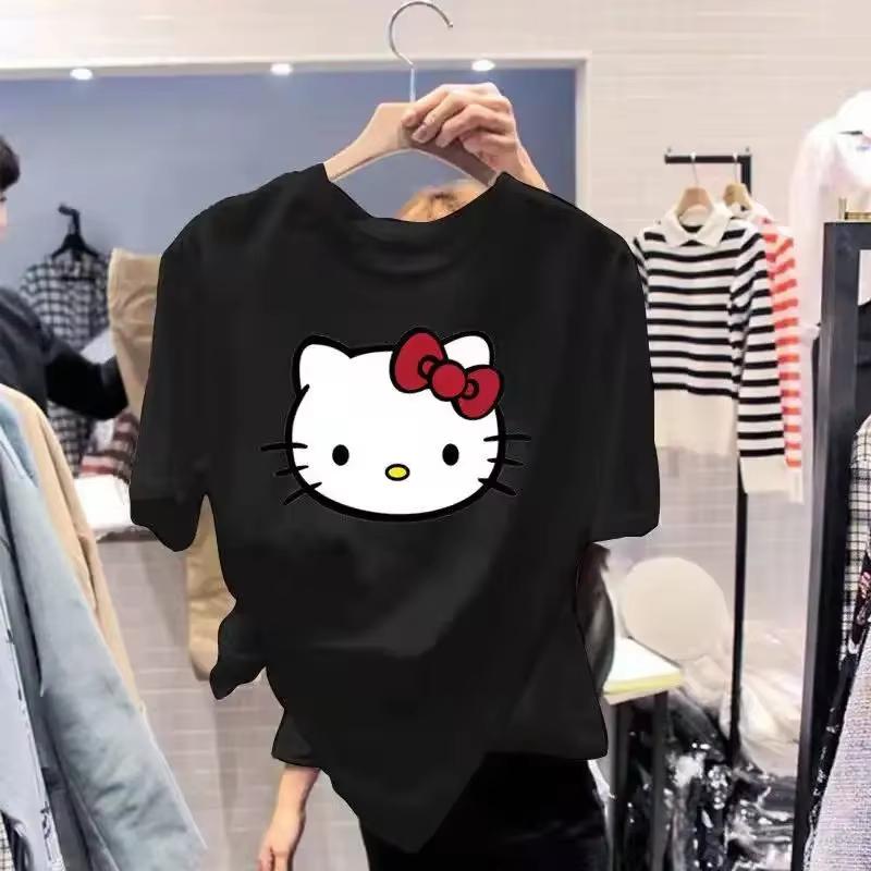 Miniso Футболка Hello Kitty Хлопок С принтом Мультяшная Девушка Летняя Студенческая Свободная Повседневная С коротким рукавом Женская Мужская Одежда Футболка S