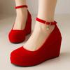 Platform Women's Wedge High Heels Wedding Shoes 2025 New Strap Spring Fashion Flock Black Red Heeled Party Office Dance Shoes