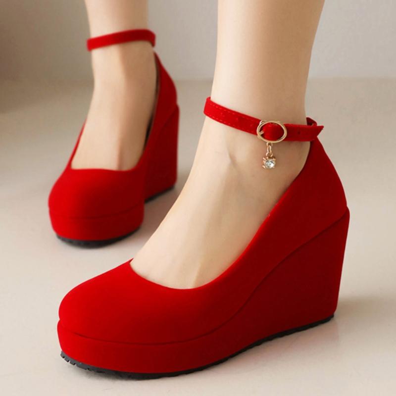 Platform Women's Wedge High Heels Wedding Shoes 2025 New Strap Spring Fashion Flock Black Red Heeled Party Office Dance Shoes