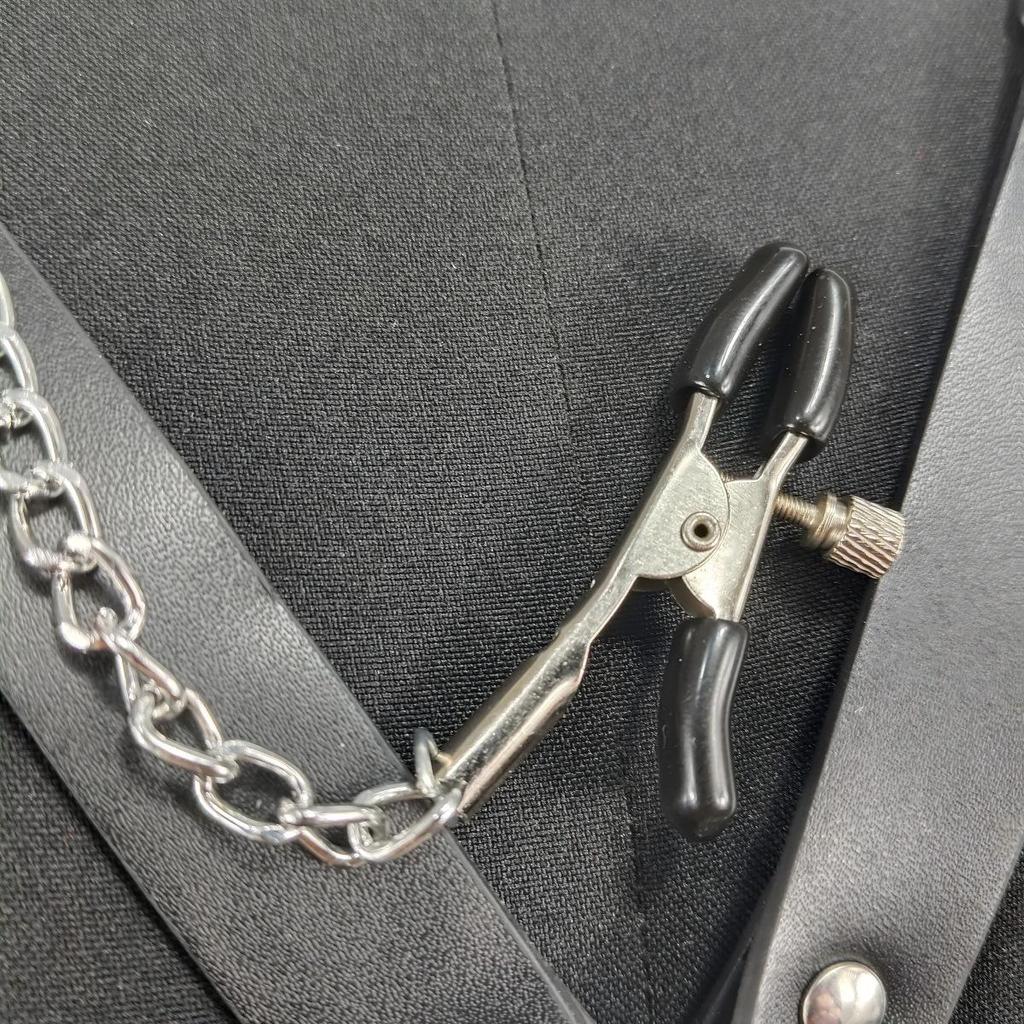 Leather Gag & Nipple Clamps Chain - Women's Erotic Restraint Clothing & Props