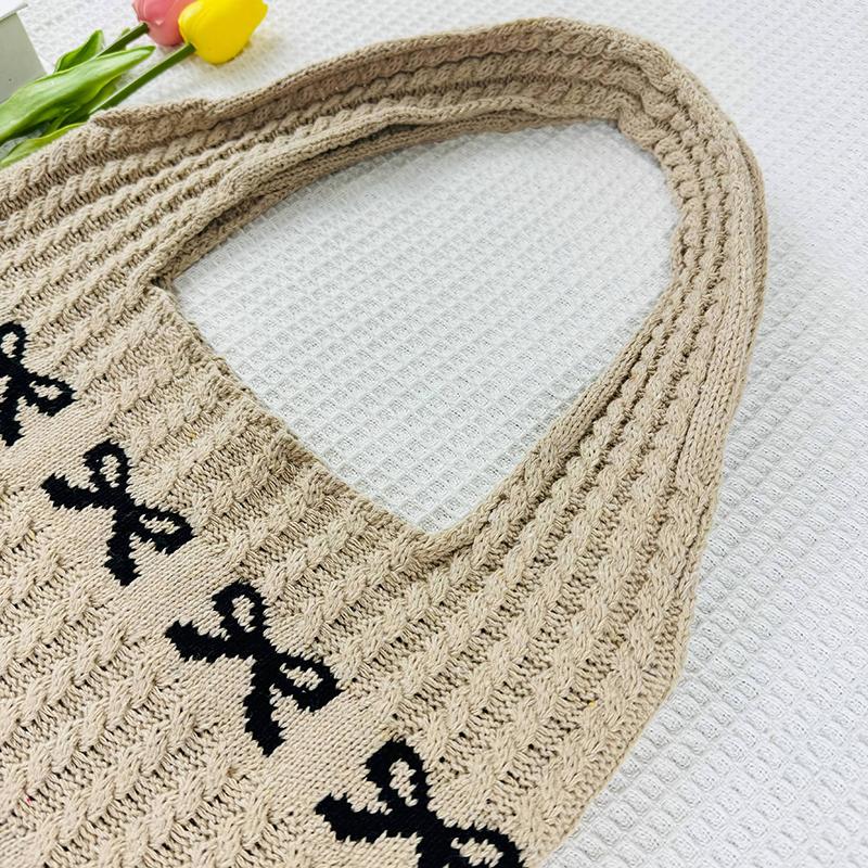 Yogodlns Women's Bow Shoulder Bag Aesthetics Crochet Handbag Purses Knitted Shopping Bag Summer Beach Bag Ladies Woven Tote Bags