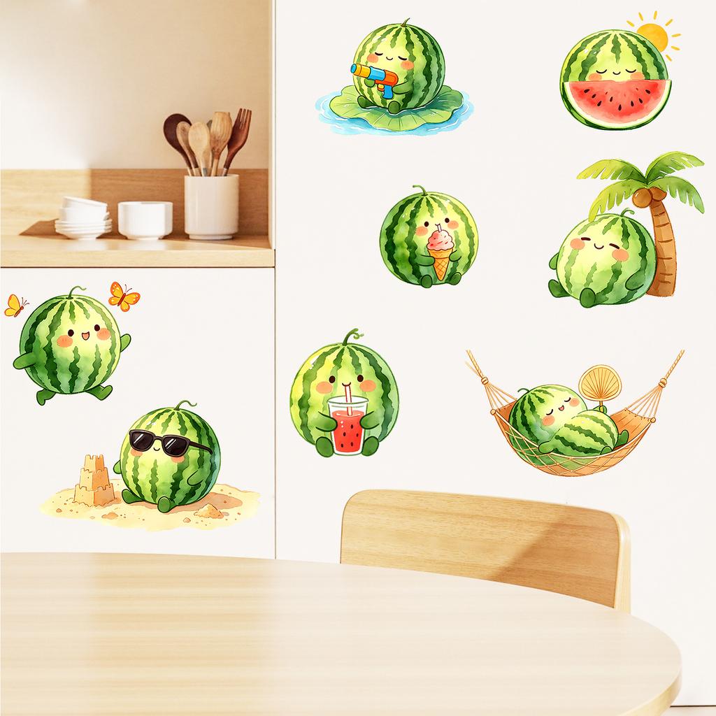 Creative Cartoon Watermelon Vacation Self Adhesive Removable No Residue Glass Window Sticker for Kitchen Living Room Home Decor