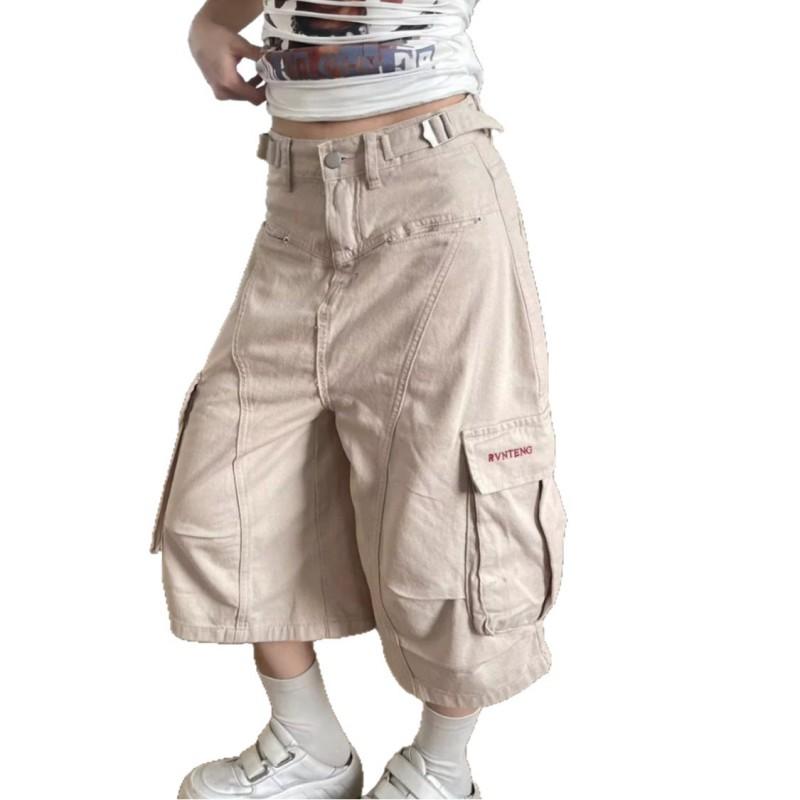 American Vintage Pleated Cargo Pants Loose Wide Leg Denim Shorts Men Women Streetwear