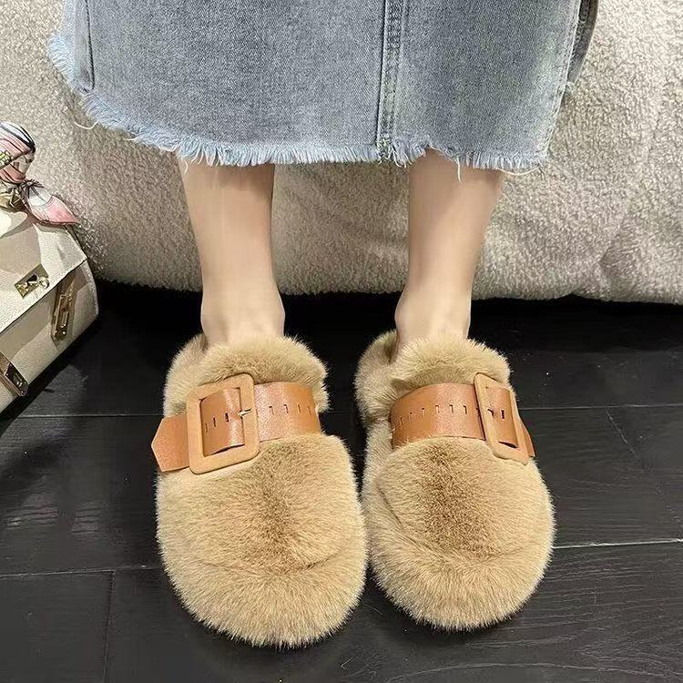 Baotou Mao Mao Slippers Women Wear New Thick-soled Belt Buckle Without Heel Lazy Half-drag Niche Cotton Slippers