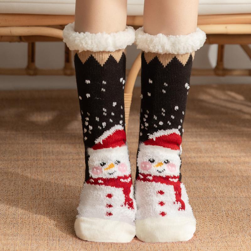 Winter Christmas Themed Women Lamb Fleece Floor Socks, Adult Non-Slip Indoor Snow Socks for Home Carpet