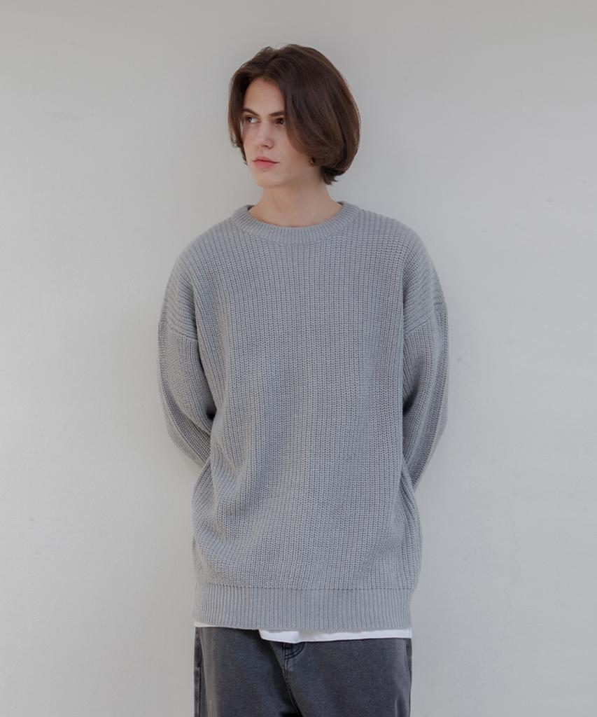 AGOD Crew Neck Ribbed Oversized Hacci Knit [Gray]
