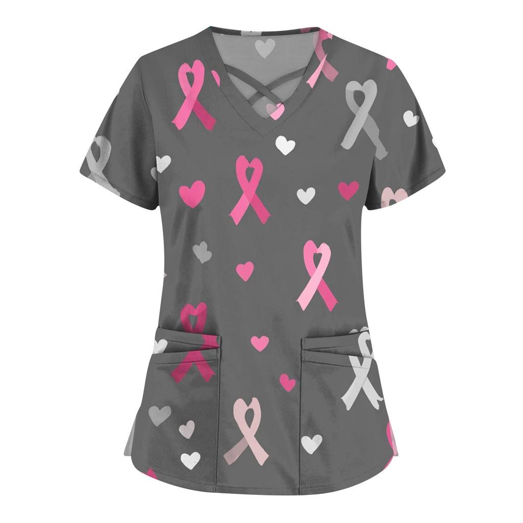 Women's Fashion  V-Neck Short Sleeve Overalls Double Layer Pocket Printed Tops  Apparel