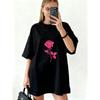 Oversized T Shirt Dress Black Pink Rose Print Casual Streetwear Style For Women